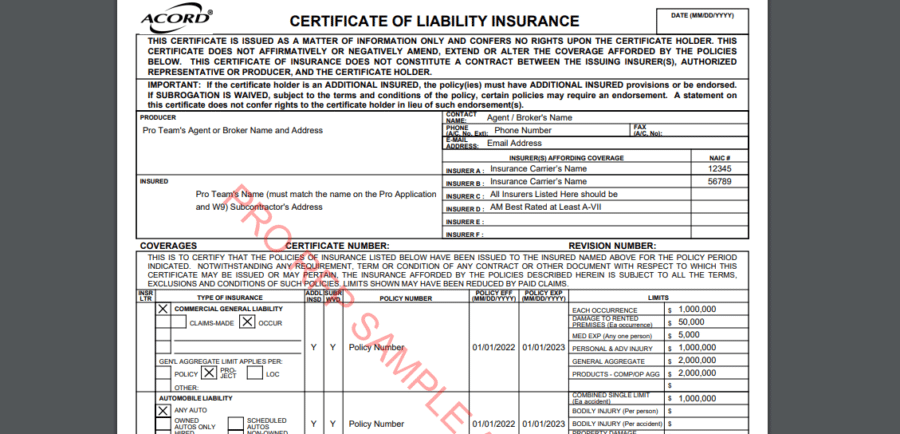 Pro Team Sample ACORD