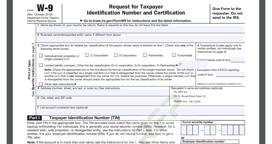 W-9 Internal Revenue Service (IRS) tax form